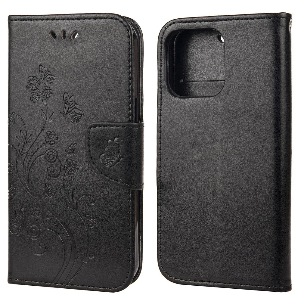 Full Protective Butterfly Flower Imprint Leather Wallet Phone Cover with Stand for iPhone 13 mini 5.4 inch - Black - 1