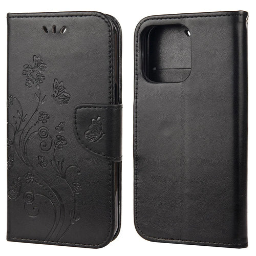 Full Protective Butterfly Flower Imprint Leather Wallet Phone Cover with Stand for iPhone 13 mini 5.4 inch - Black - 1