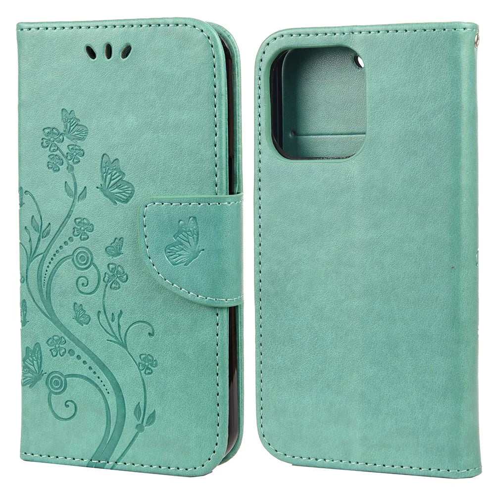 All-round protective Butterfly Flower Imprint Leather Wallet Phone Stand Case for iPhone 13 Pro 6.1 inch - Green - 1