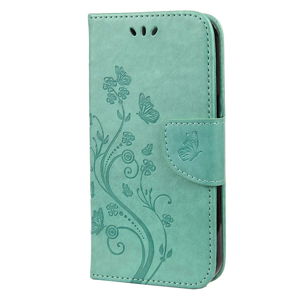 All-round protective Butterfly Flower Imprint Leather Wallet Phone Stand Case for iPhone 13 Pro 6.1 inch - Green - 2