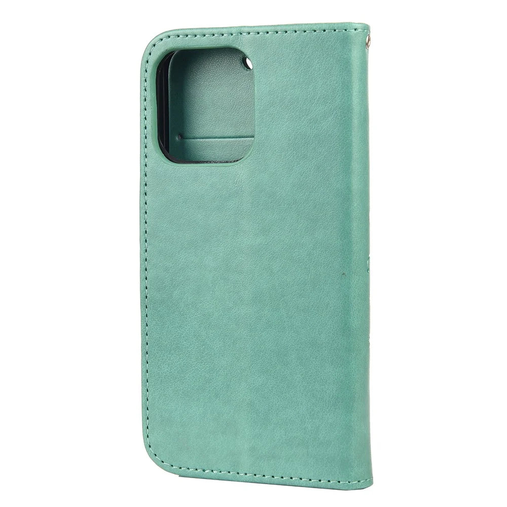 All-round protective Butterfly Flower Imprint Leather Wallet Phone Stand Case for iPhone 13 Pro 6.1 inch - Green - 3