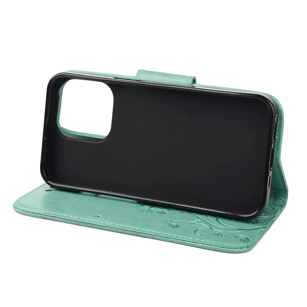 All-round protective Butterfly Flower Imprint Leather Wallet Phone Stand Case for iPhone 13 Pro 6.1 inch - Green - 5