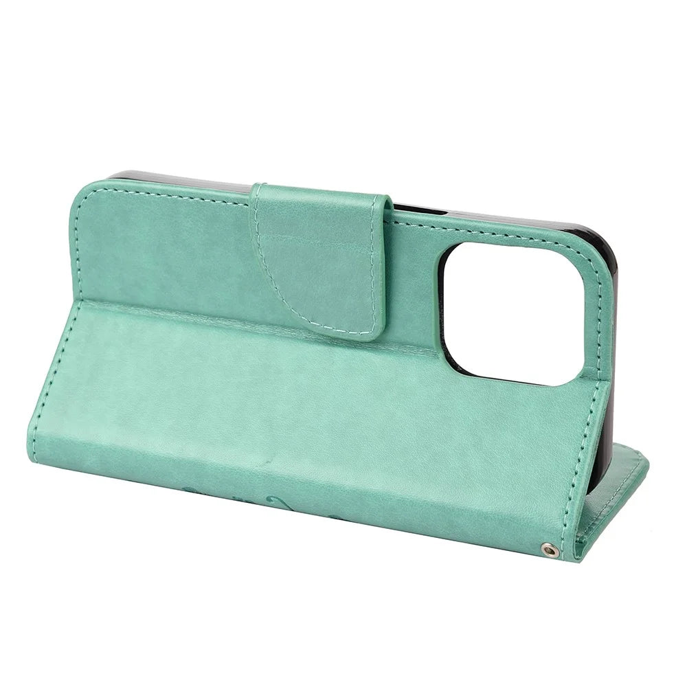 All-round protective Butterfly Flower Imprint Leather Wallet Phone Stand Case for iPhone 13 Pro 6.1 inch - Green - 6