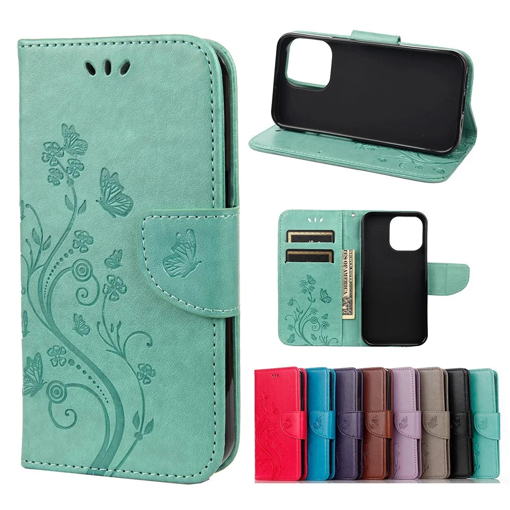 All-round protective Butterfly Flower Imprint Leather Wallet Phone Stand Case for iPhone 13 Pro 6.1 inch - Green - 7