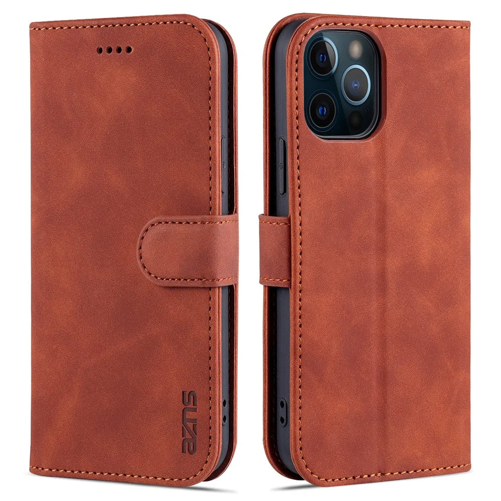 AZNS PU Leather All-round Protection Phone Cover Wallet Stand Case for iPhone 12 Pro Max 6.7 inch - Brown - 1