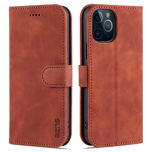 AZNS PU Leather All-round Protection Phone Cover Wallet Stand Case for iPhone 12 Pro Max 6.7 inch - Brown - 1
