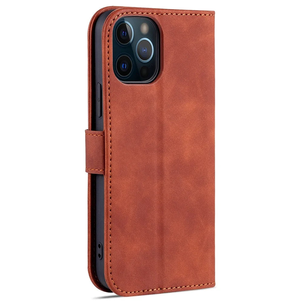 AZNS PU Leather All-round Protection Phone Cover Wallet Stand Case for iPhone 12 Pro Max 6.7 inch - Brown - 3