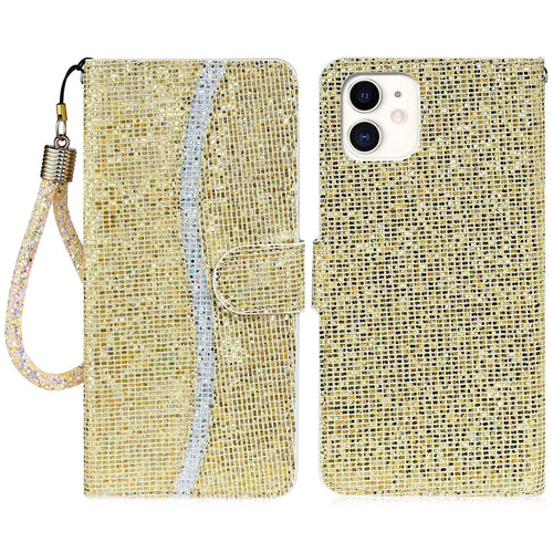 Strap Design Glittery Powder Leather Wallet Phone Stand Protective Case for iPhone 13 6.1 inch - Gold - 1