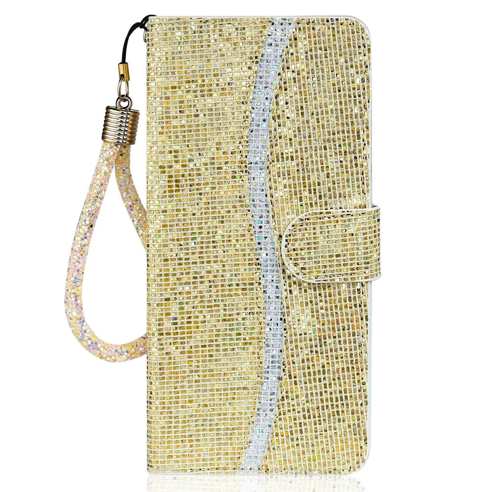 Strap Design Glittery Powder Leather Wallet Phone Stand Protective Case for iPhone 13 6.1 inch - Gold - 5