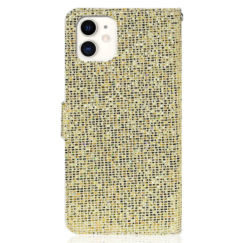 Strap Design Glittery Powder Leather Wallet Phone Stand Protective Case for iPhone 13 6.1 inch - Gold - 6
