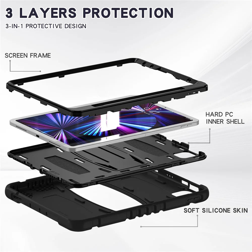 Kickstand Design Drop-Proof Hybrid Tablet Cover with Stylus Pen Magnetic Pairing and Charging Function for iPad Pro 11 (2022) /  (2021) / (2020) / (2018) / Air (2020) / Air (2022) - Black / Black - 4