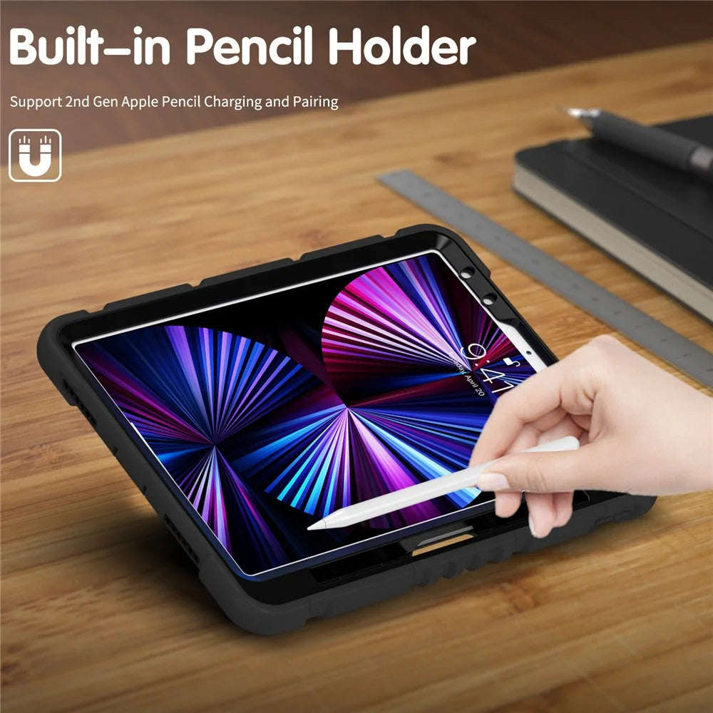 Kickstand Design Drop-Proof Hybrid Tablet Cover with Stylus Pen Magnetic Pairing and Charging Function for iPad Pro 11 (2022) /  (2021) / (2020) / (2018) / Air (2020) / Air (2022) - Black / Black - 5