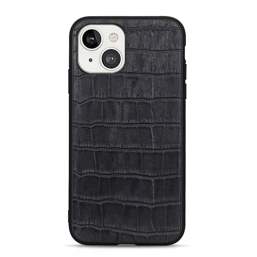 Crocodile Skin Anti-scratch Genuine Leather Coated PC + TPU Combo Phone Back Case for iPhone 13 6.1 inch - Black - 1