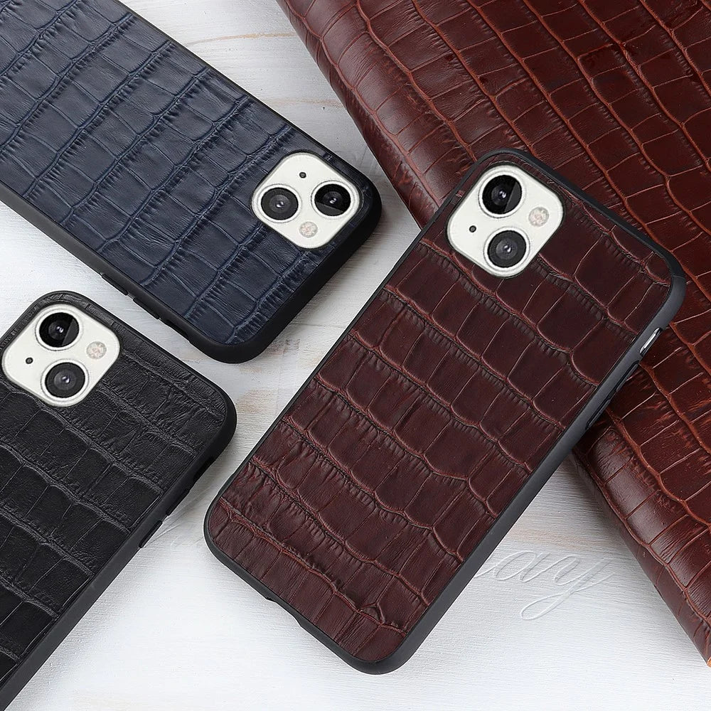 Crocodile Skin Anti-scratch Genuine Leather Coated PC + TPU Combo Phone Back Case for iPhone 13 6.1 inch - Black - 4