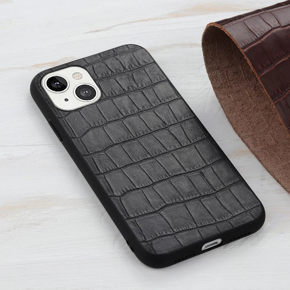 Crocodile Skin Genuine Leather Coated PC + TPU Combo Phone Back Case for iPhone 13 mini 5.4 inch - Black - 2