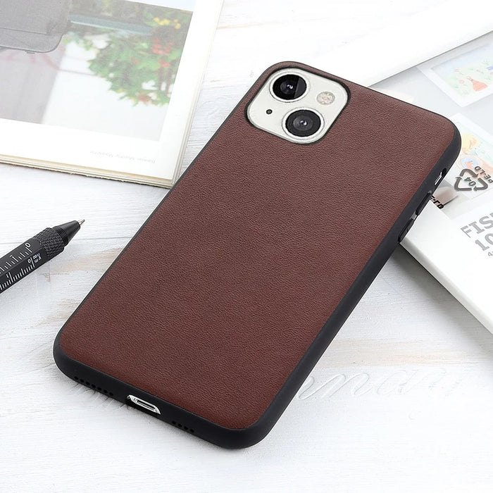 Ultra Slim Genuine Leather + Hard PC Back Panel Protective Shockproof Cover for iPhone 13 6.1 inch - Brown - 2