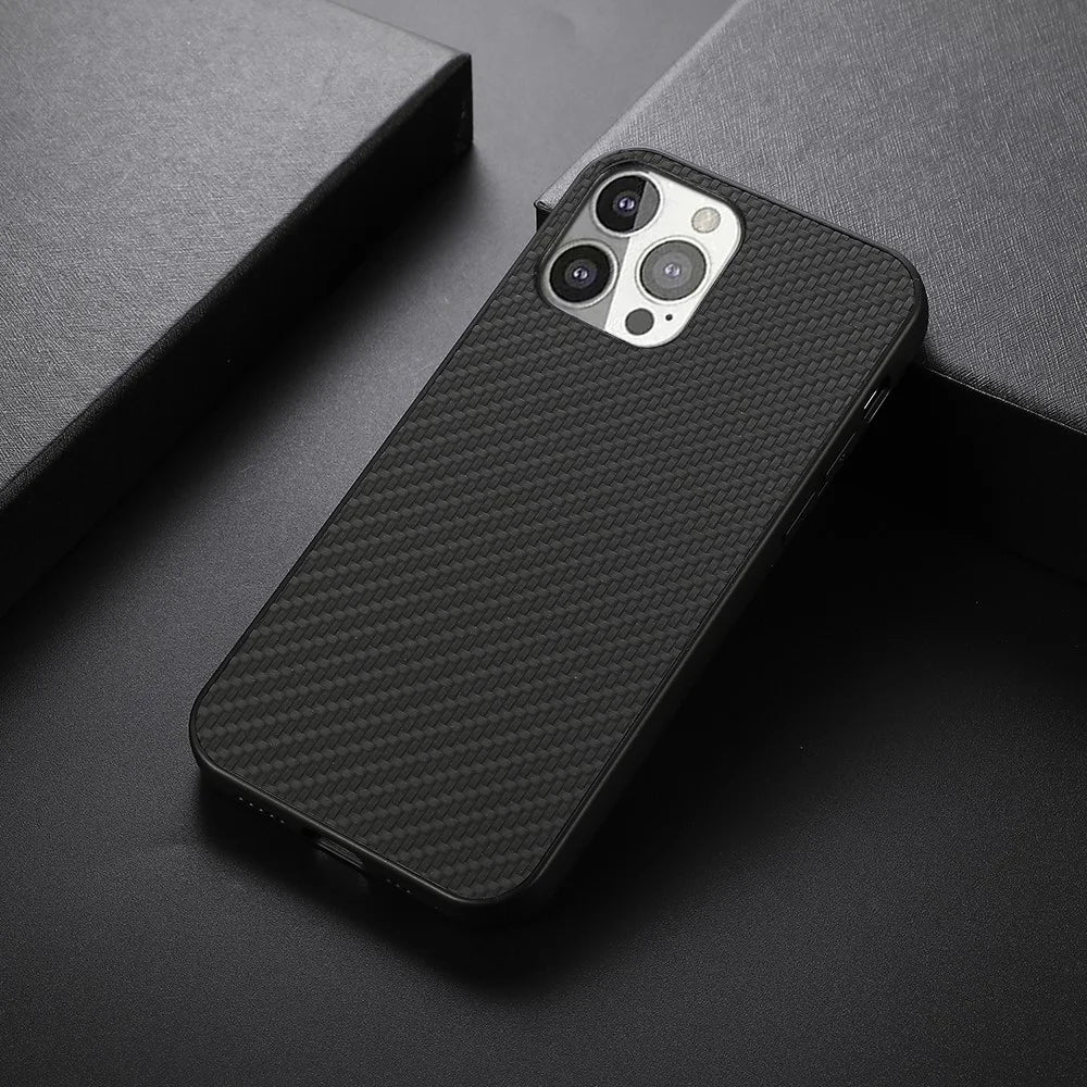 Full Protective Carbon Fiber Texture Leather Phone Back Cover for iPhone 13 Pro 6.1 inch - Black - 2