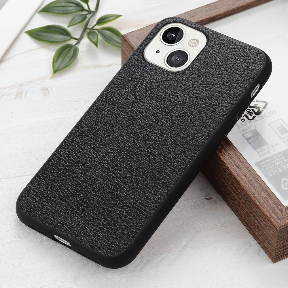 Litchi Skin PC + TPU Combo Genuine Leather Coated Back Shell for iPhone 13 6.1 inch - Black - 2