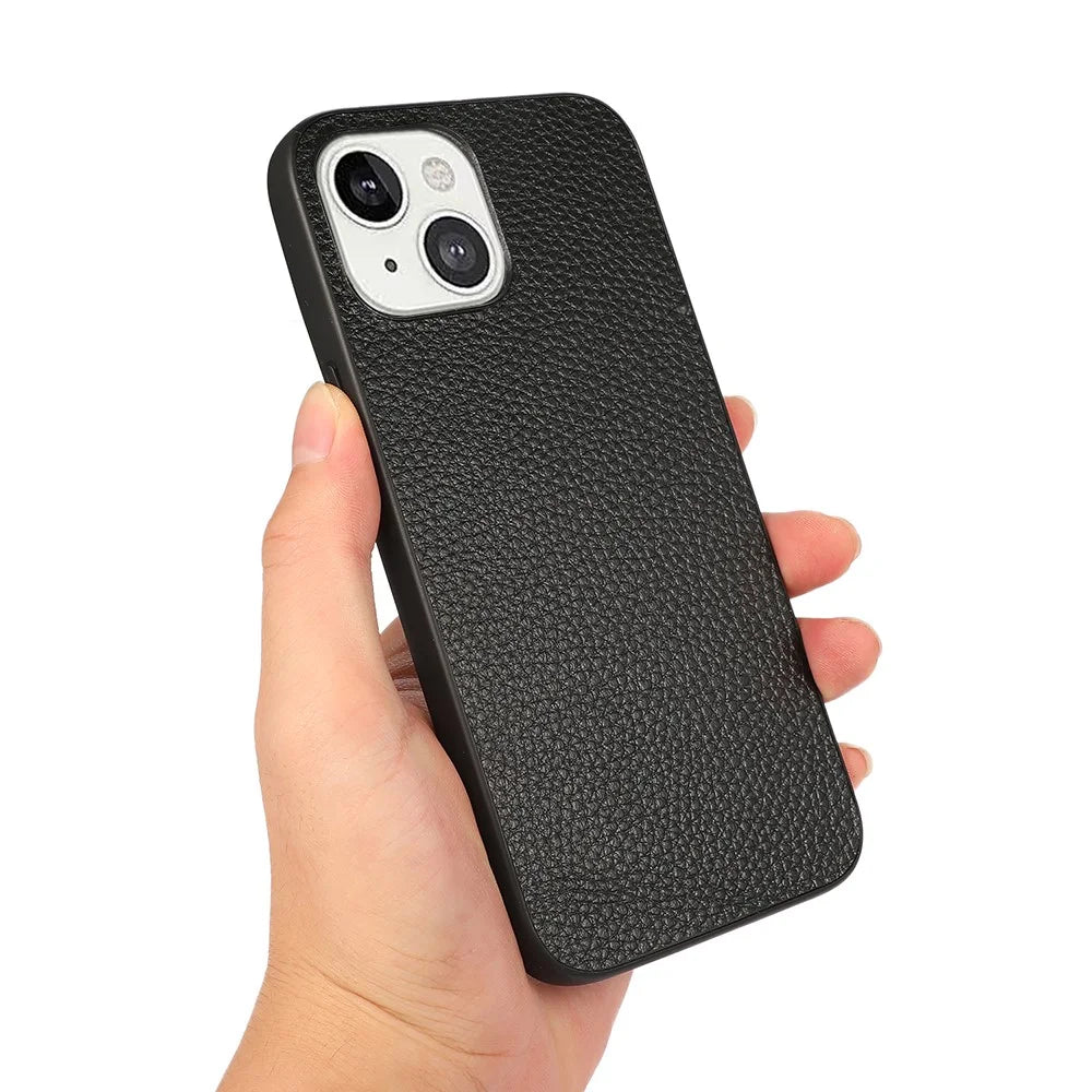 Litchi Skin PC + TPU Combo Genuine Leather Coated Back Shell for iPhone 13 6.1 inch - Black - 3
