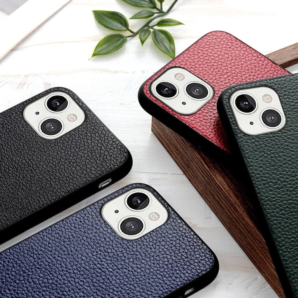 Litchi Skin PC + TPU Combo Genuine Leather Coated Back Shell for iPhone 13 6.1 inch - Black - 4