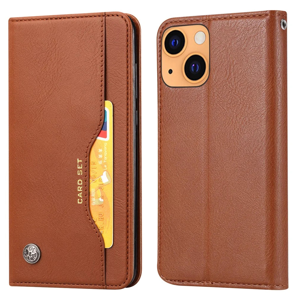 Magnetic Auto-absorbed Wallet Stand PU Leather Case Cover for iPhone 13 6.1 inch - Brown - 1