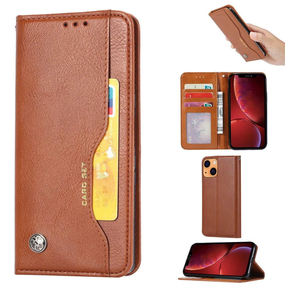 Magnetic Auto-absorbed Wallet Stand PU Leather Case Cover for iPhone 13 6.1 inch - Brown - 7