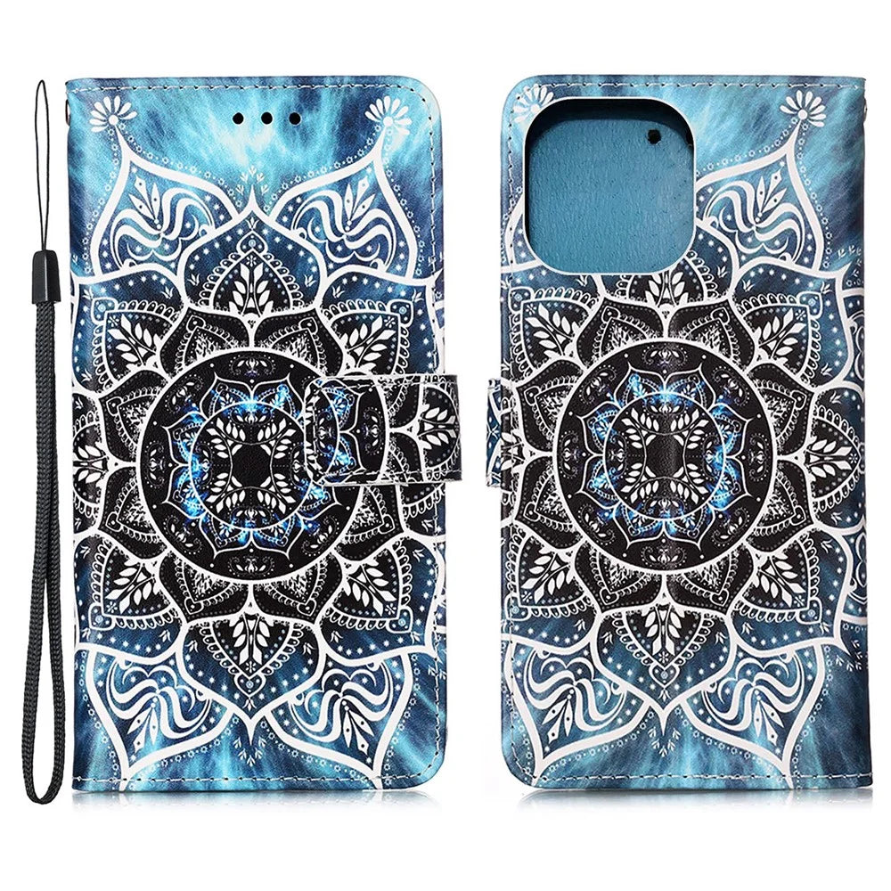 Pattern Printing Leather Case with Wallet Stand for iPhone 13 6.1 inch - Mandala Flower - 1