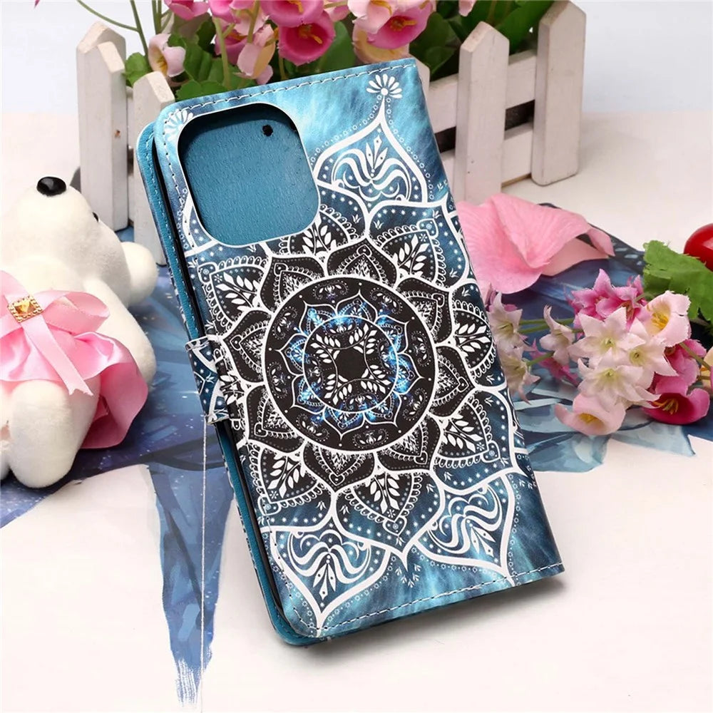 Pattern Printing Leather Case with Wallet Stand for iPhone 13 6.1 inch - Mandala Flower - 7