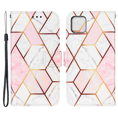 Shockproof Stand Flip Folio Splicing Marble Pattern Leather Wallet Phone Cases with Wrist Strap for iPhone 13 6.1 inch - Pink/White - 1