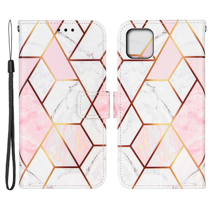 Shockproof Stand Flip Folio Splicing Marble Pattern Leather Wallet Phone Cases with Wrist Strap for iPhone 13 6.1 inch - Pink/White - 1