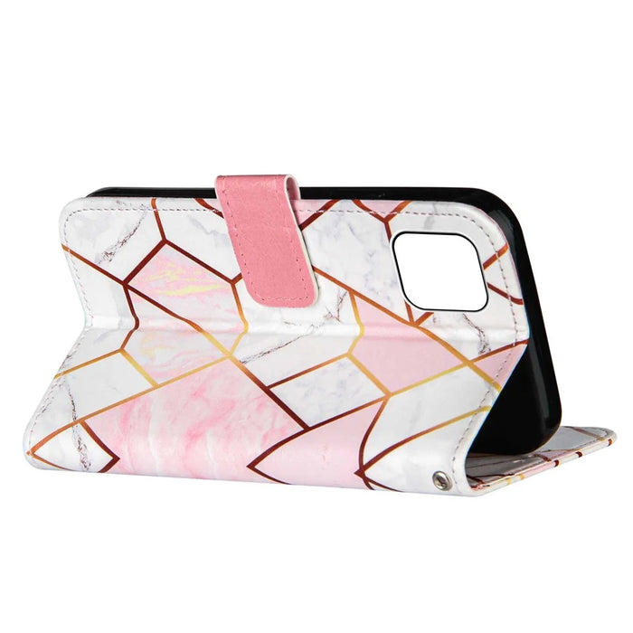 Shockproof Stand Flip Folio Splicing Marble Pattern Leather Wallet Phone Cases with Wrist Strap for iPhone 13 6.1 inch - Pink/White - 3