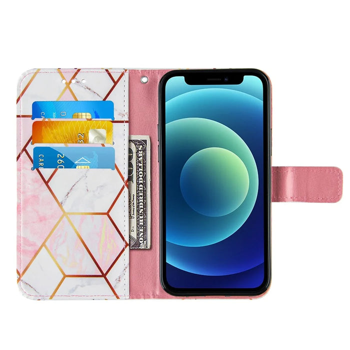 Shockproof Stand Flip Folio Splicing Marble Pattern Leather Wallet Phone Cases with Wrist Strap for iPhone 13 6.1 inch - Pink/White - 4