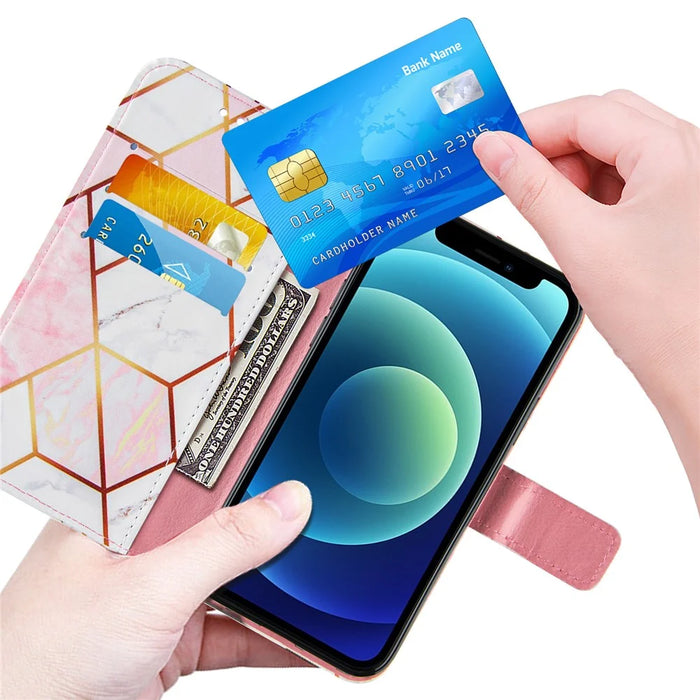 Shockproof Stand Flip Folio Splicing Marble Pattern Leather Wallet Phone Cases with Wrist Strap for iPhone 13 6.1 inch - Pink/White - 6