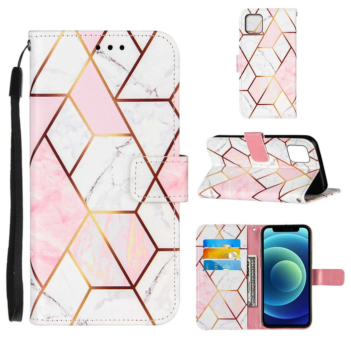 Shockproof Stand Flip Folio Splicing Marble Pattern Leather Wallet Phone Cases with Wrist Strap for iPhone 13 6.1 inch - Pink/White - 7