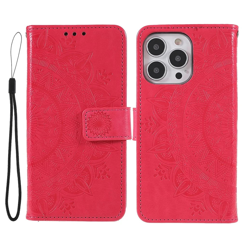 Anti-Scratch Imprinted Mandala Totem Pattern Leather Wallet Flip Protective Case Cover with Strap for iPhone 13 Pro Max 6.7 inch - Red - 1
