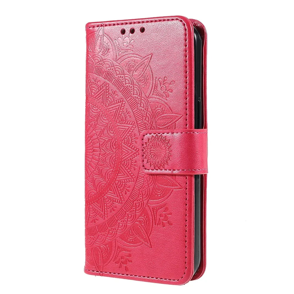Anti-Scratch Imprinted Mandala Totem Pattern Leather Wallet Flip Protective Case Cover with Strap for iPhone 13 Pro Max 6.7 inch - Red - 2