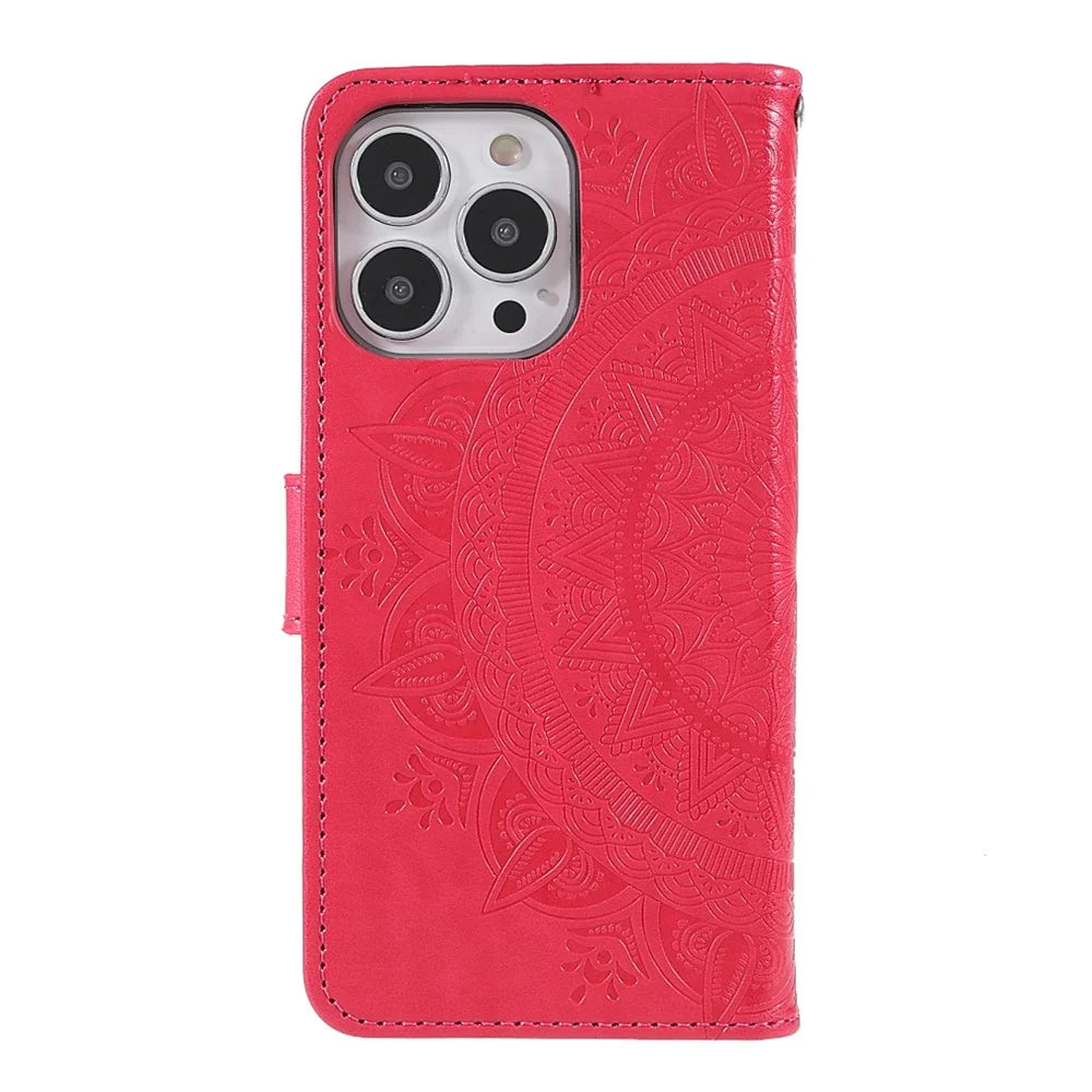 Anti-Scratch Imprinted Mandala Totem Pattern Leather Wallet Flip Protective Case Cover with Strap for iPhone 13 Pro Max 6.7 inch - Red - 3