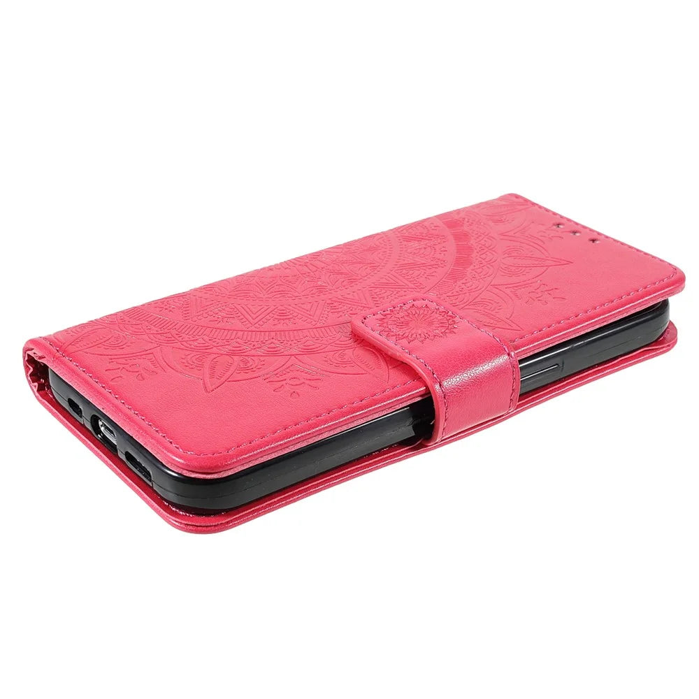 Anti-Scratch Imprinted Mandala Totem Pattern Leather Wallet Flip Protective Case Cover with Strap for iPhone 13 Pro Max 6.7 inch - Red - 4