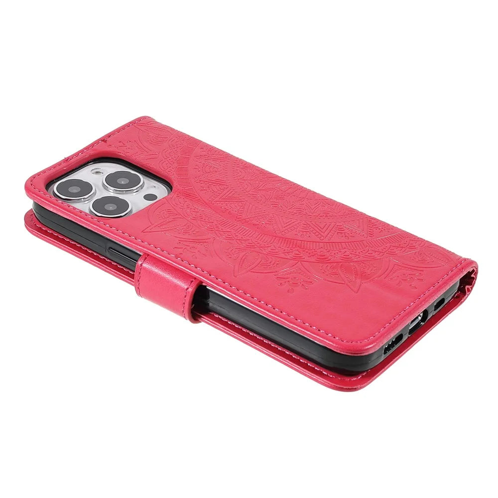 Anti-Scratch Imprinted Mandala Totem Pattern Leather Wallet Flip Protective Case Cover with Strap for iPhone 13 Pro Max 6.7 inch - Red - 5