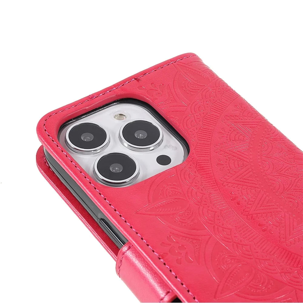 Anti-Scratch Imprinted Mandala Totem Pattern Leather Wallet Flip Protective Case Cover with Strap for iPhone 13 Pro Max 6.7 inch - Red - 6