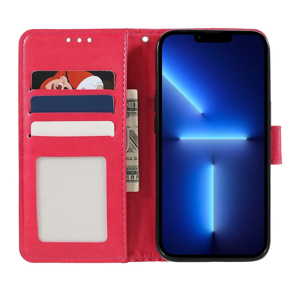 Anti-Scratch Imprinted Mandala Totem Pattern Leather Wallet Flip Protective Case Cover with Strap for iPhone 13 Pro Max 6.7 inch - Red - 7