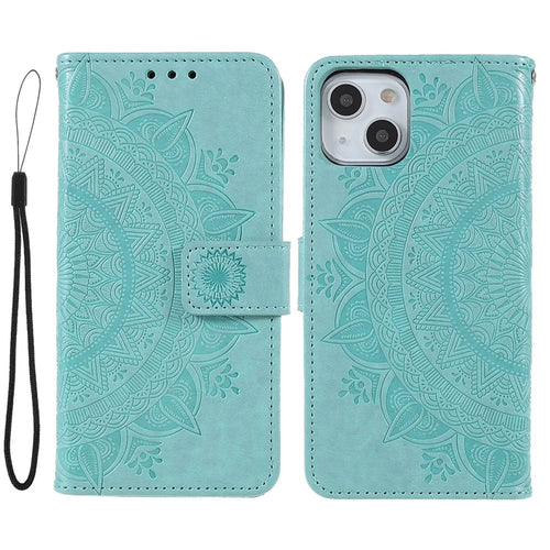 Stylish Imprinted Mandala Totem Pattern PU Leather Shockproof Flip Magnetic Case with Strap for iPhone 13 6.1 inch - Green - 1