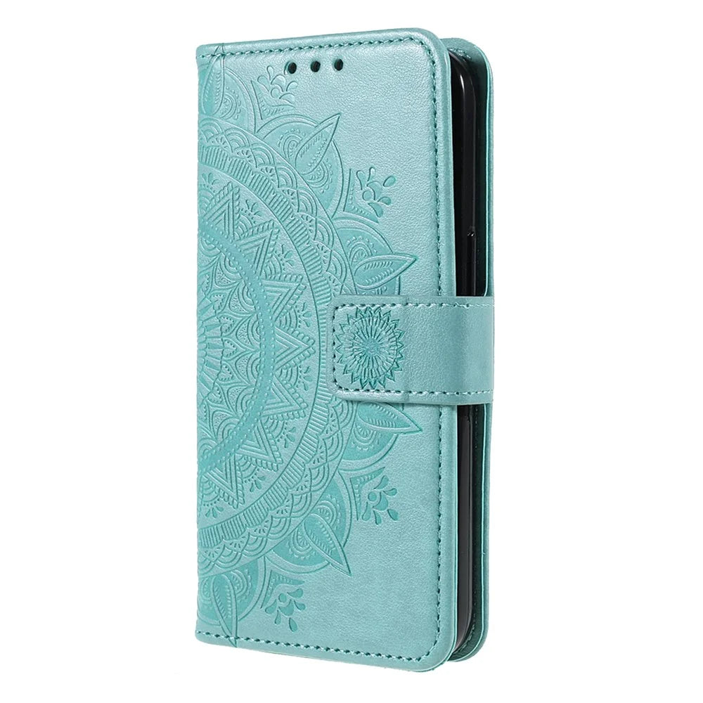 Stylish Imprinted Mandala Totem Pattern PU Leather Shockproof Flip Magnetic Case with Strap for iPhone 13 6.1 inch - Green - 2