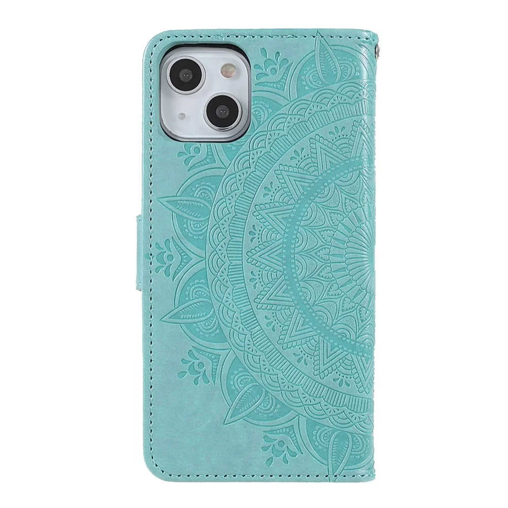 Stylish Imprinted Mandala Totem Pattern PU Leather Shockproof Flip Magnetic Case with Strap for iPhone 13 6.1 inch - Green - 3