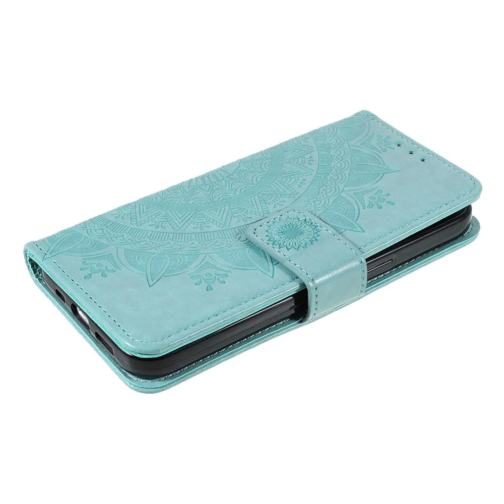 Stylish Imprinted Mandala Totem Pattern PU Leather Shockproof Flip Magnetic Case with Strap for iPhone 13 6.1 inch - Green - 4