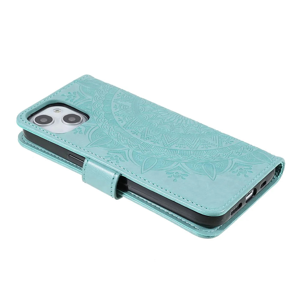 Stylish Imprinted Mandala Totem Pattern PU Leather Shockproof Flip Magnetic Case with Strap for iPhone 13 6.1 inch - Green - 5
