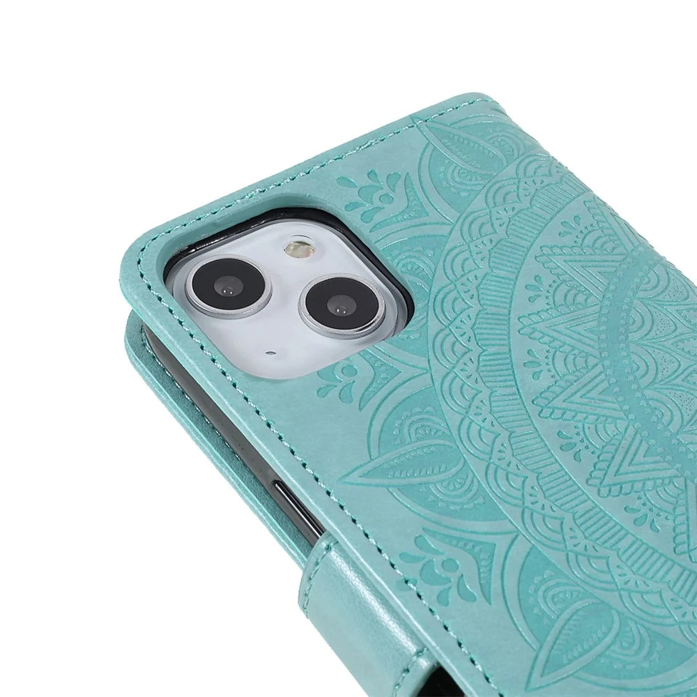 Stylish Imprinted Mandala Totem Pattern PU Leather Shockproof Flip Magnetic Case with Strap for iPhone 13 6.1 inch - Green - 6