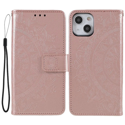 Imprinted Mandala Totem Pattern PU Leather Wallet Cover Slim Magnetic Shockproof Flip Case with Strap for iPhone 13 mini 5.4 inch - Rose Gold - 1