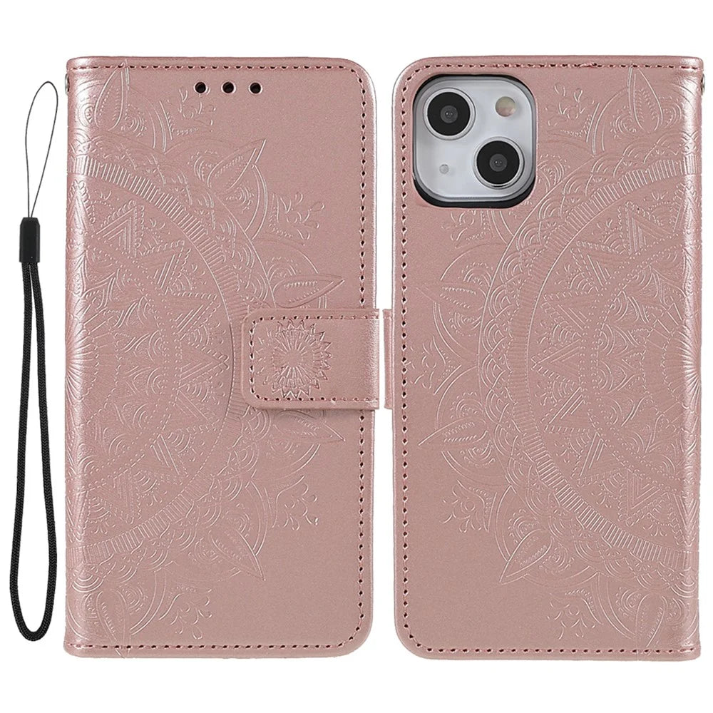 Imprinted Mandala Totem Pattern PU Leather Wallet Cover Slim Magnetic Shockproof Flip Case with Strap for iPhone 13 mini 5.4 inch - Rose Gold - 1