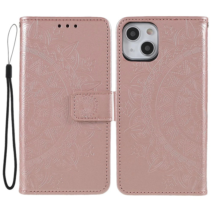 Imprinted Mandala Totem Pattern PU Leather Wallet Cover Slim Magnetic Shockproof Flip Case with Strap for iPhone 13 mini 5.4 inch - Rose Gold - 1